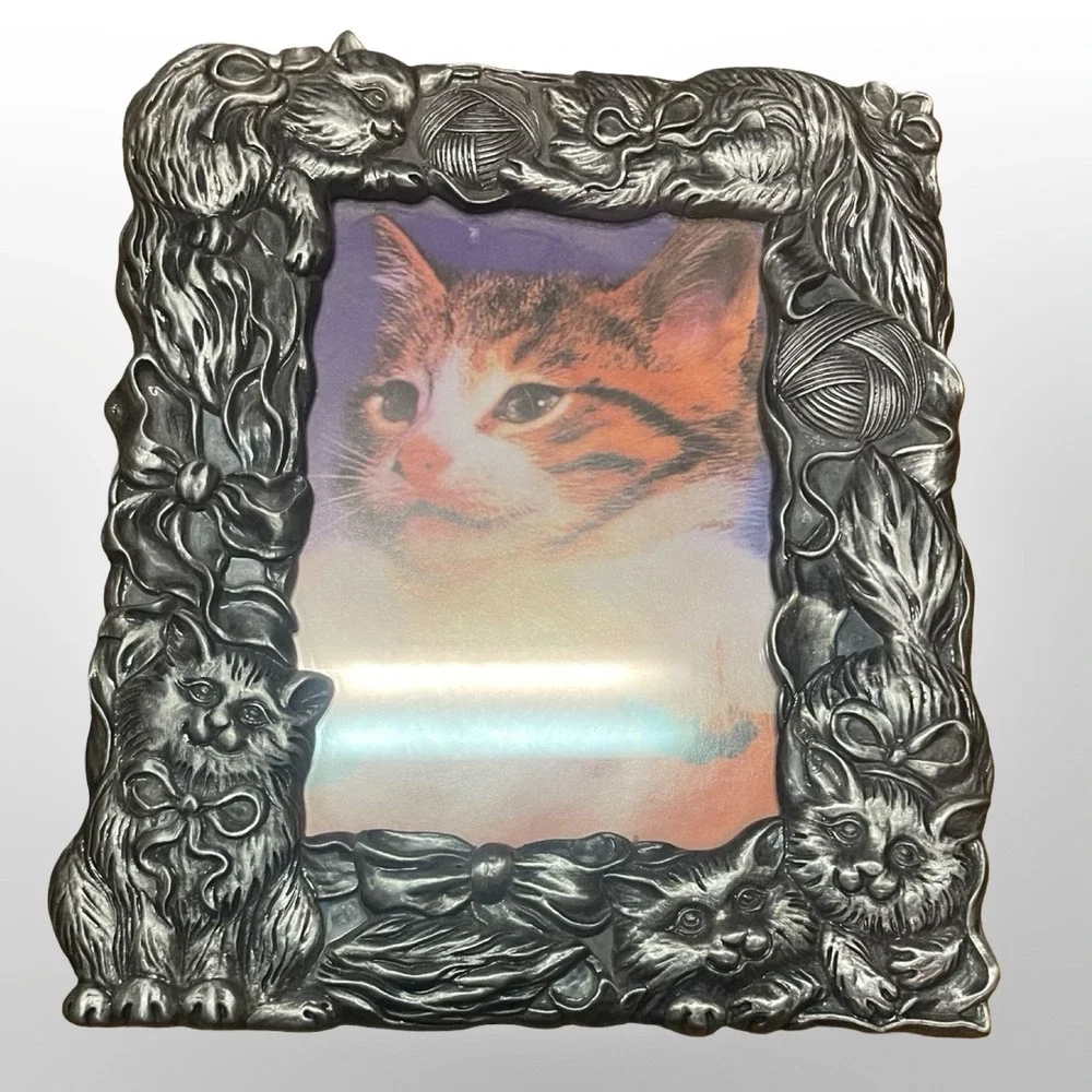 Vintage Pewter Ornate Cat Kitten Picture Frame 3D Relief Yarn Bows  cottage cute